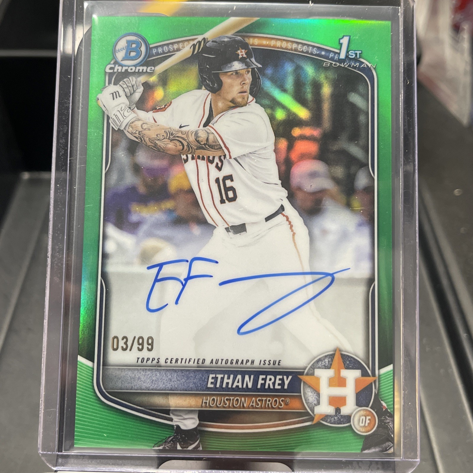 Ethan Frey 2025 Bowman Chrome Draft #CPA-EF Green Refractor Auto 1st RC #03/99
