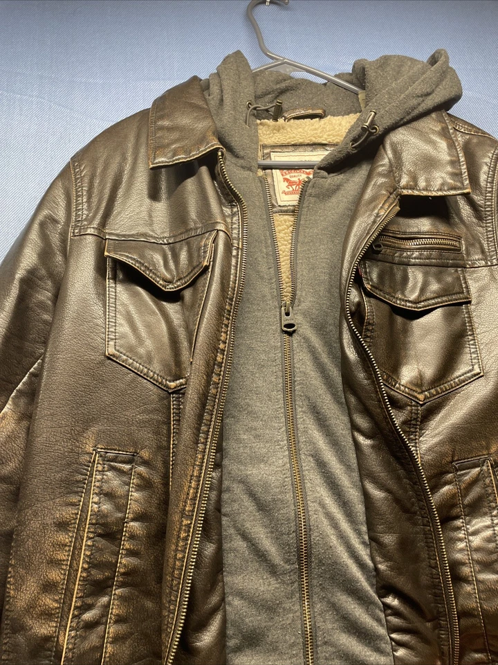 Levi's DARK BROWN Men's Faux Leather Fleece Hood Lining Trucker Jacket - Image 2 of 4
