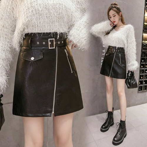 Womens Asymmetric Faux Leather Mini Skirt Dress Belted High Waist Zip Up//* - Picture 7 of 26