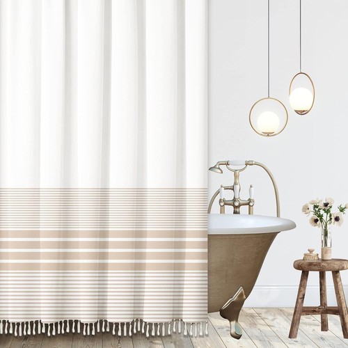 72 x 72 Beige Stripe Shower Curtain with White Tassel 12 Hooks, Waterproof - Picture 2 of 9