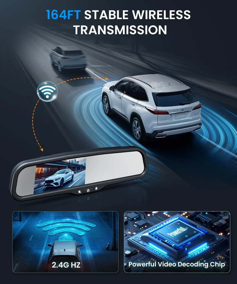 AUTO-VOX Wireless Rear View Backup Mirror Camera 4.3" HD Monitor Parking System - Image 3 of 4