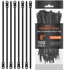 100 Pieces 8" UV Black Nylon Cable Zip Ties Strong with Screw Down Hole
