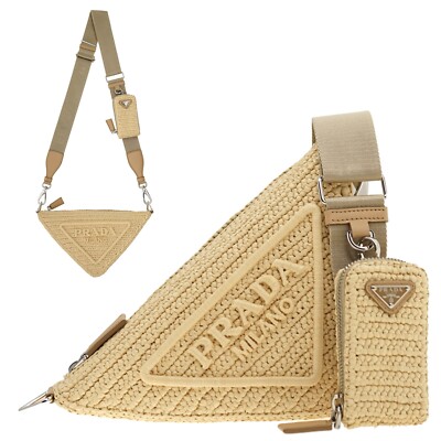 Prada Raffia Crochet Triangle Logo Crossbody 1BH190 New