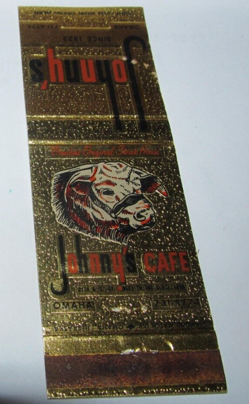 Matches Matchbook Cover Johnny's Cafe Restaurant Omaha, Nebraska NE Bull Steer