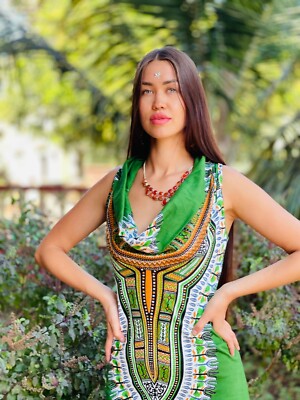 Green 100% Cotton Tribal Dress Patterns, Green Cotton Tribal Patterns 