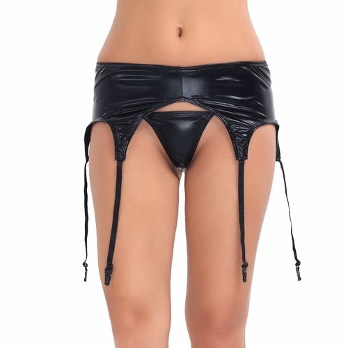 UK Womens Wetlook Shiny Metallic Garter Belt Thigh High Suspender Belts Lingerie - Picture 111 of 146