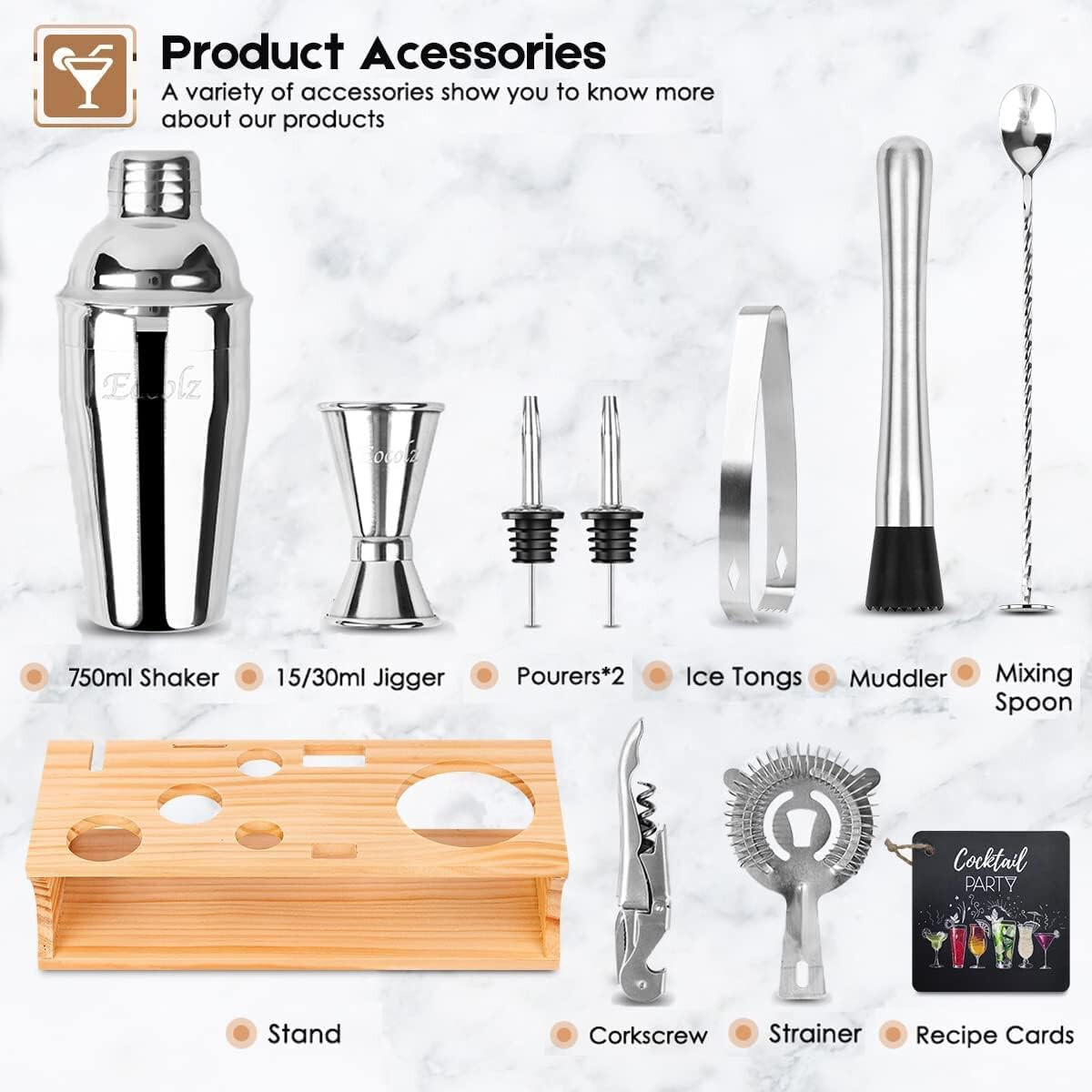 Eocolz 11-piece Bartender Cocktail Shaker Set- Stainless Steel