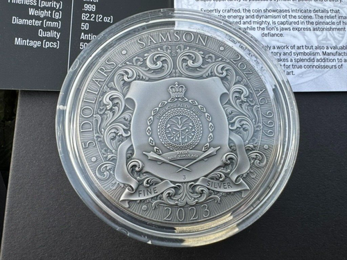 Moneda de plata antigua de alto relieve Samson de 2 oz año 2023 - Imagen 2 de 6