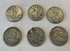 LOT OF (6) US 90% SILVER HALF DOLLARS MIXED (4) WALKING LIBERTY (2) FRANKLIN