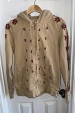 Y2K Lucky Brand Hoodie L Embroidered Beige Red Warm Comfy Full Zip Casual Unique