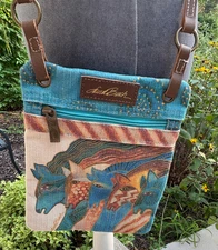 Laurel Burch #LB8432 Sky Mares Canvas 6.5"x8.25" Crossbody Bag ~ Leather Strap
