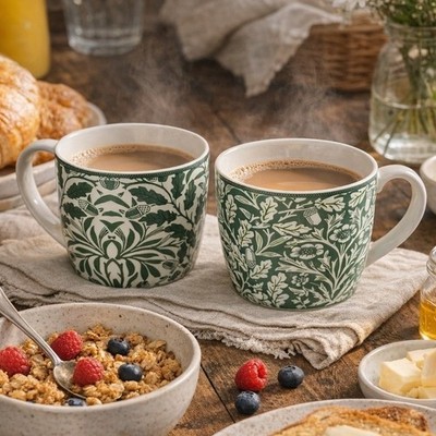 William Morris Acorn Set of 2 Fine China Breakfast Mugs Leonardo Green