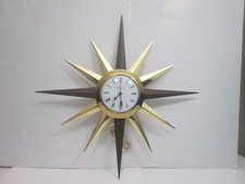 VTG Mid Century Modern Ingraham Starburst Sunburst Brass & Teak Wall Clock 24
