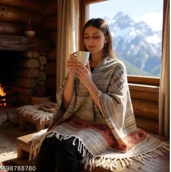 Mantón de invierno a rayas de lana para mujer/niña | Suave y cálido acogedor abrigo con flecos Foto 4 de 4