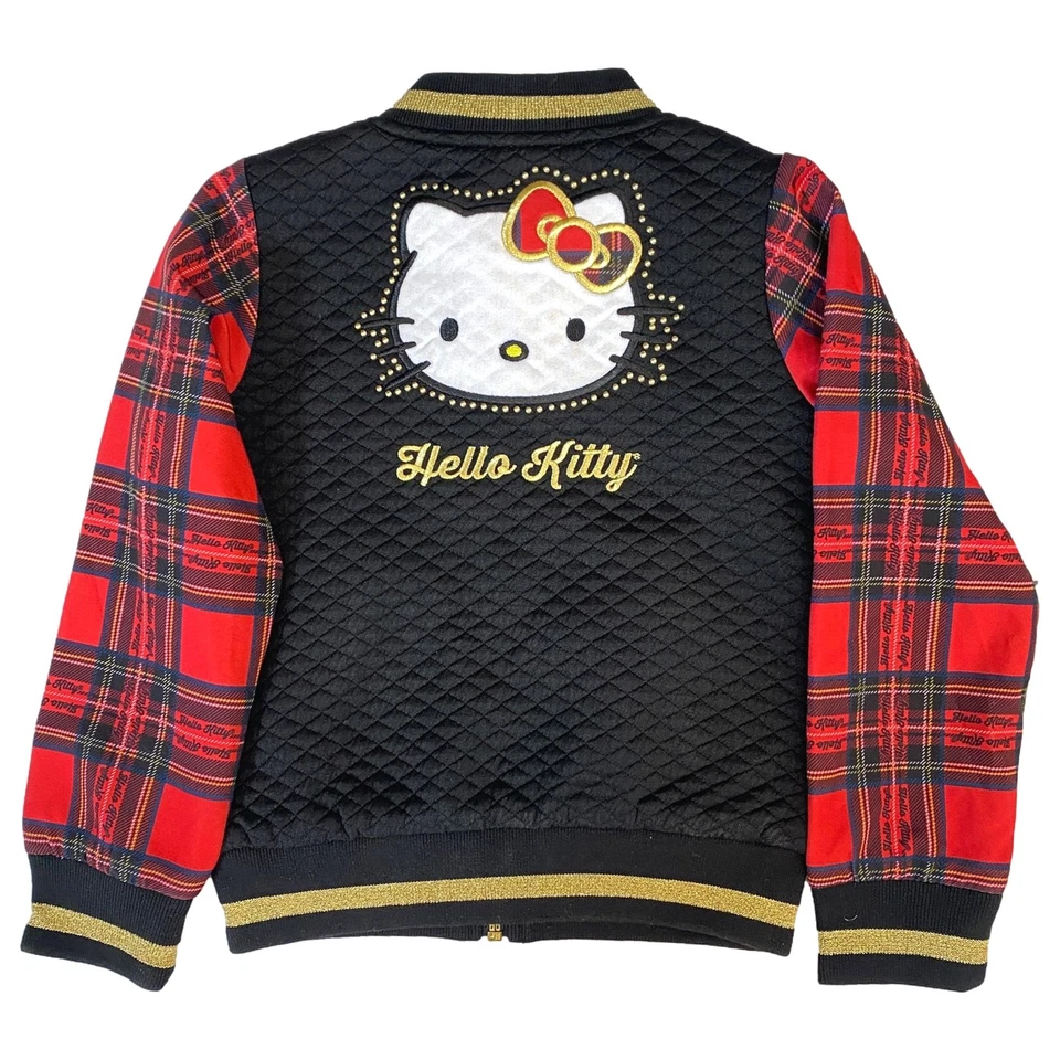 Hello Kitty Girls Red & Black Plaid Zip Up Sweatshirt Sweat Jacket 5 - Image 2 of 2