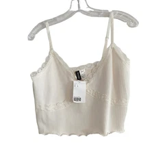H&M Divided Cream Lace Crop top Ribbed Spaghetti Straps Shirt 90s Y2k NWT Large