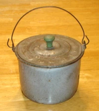 Antique Gray Enamelware / Graniteware Berry Bucket / Pail with Embossed Tin Lid