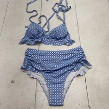 Shein Swim Bikini Set Womens 0XL Blue White Checkered High Waist Ruffle Tie