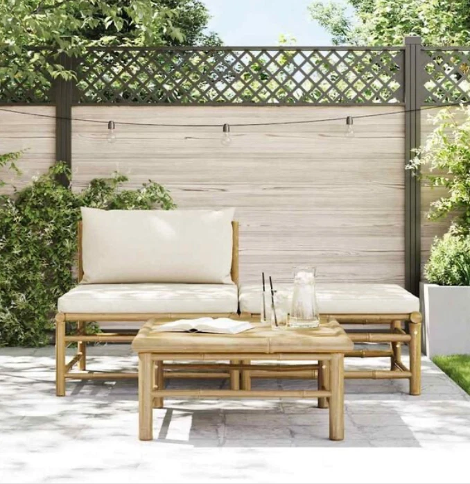 Lounge Set mit Kissen Bambus 3 tlg Garten Rund Balkonset Sitzgruppe - Bild 3 von 4