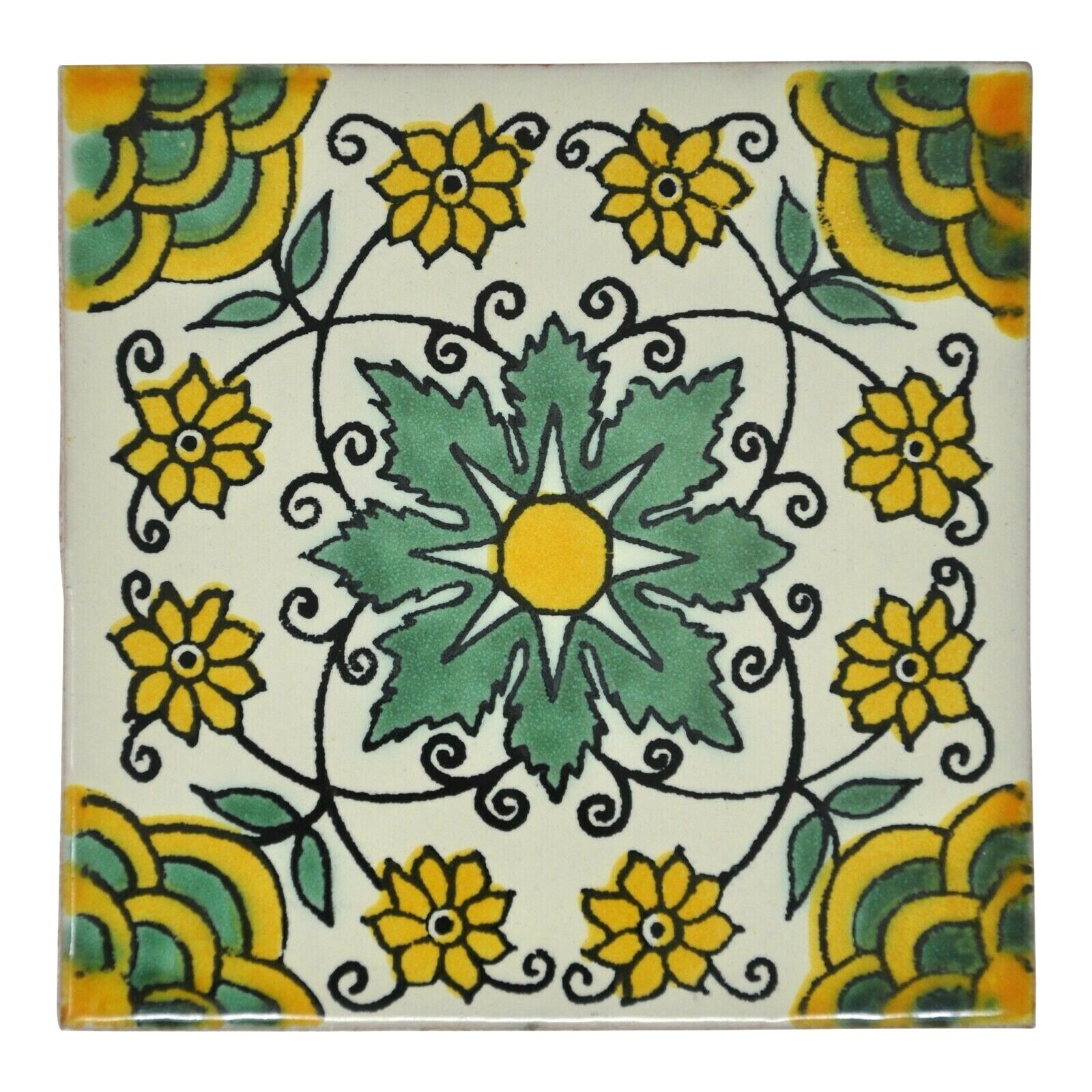 Xavier - Handmade Mexican Ceramic Talavera Large 10.5cm Tile Ethically Sourced