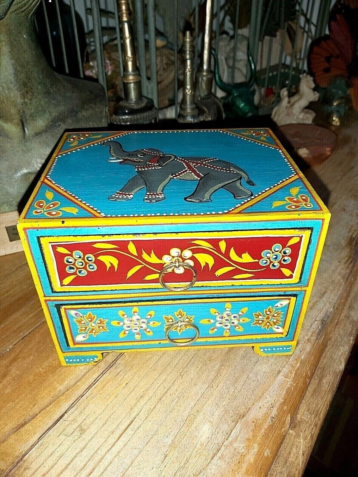 HANDMADE INDIAN MANGO WOOD TWO DRAWER ELEPHANT SPICE/STORAGE CHEST