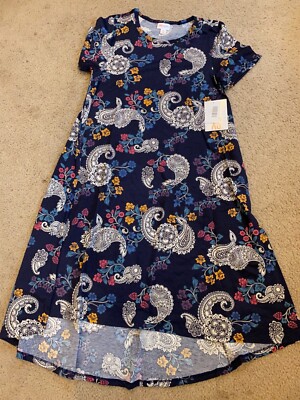 LulaRoe Carly Dress Blue paisley Roses Floral Geometric Hi Lo Swing Sz Small