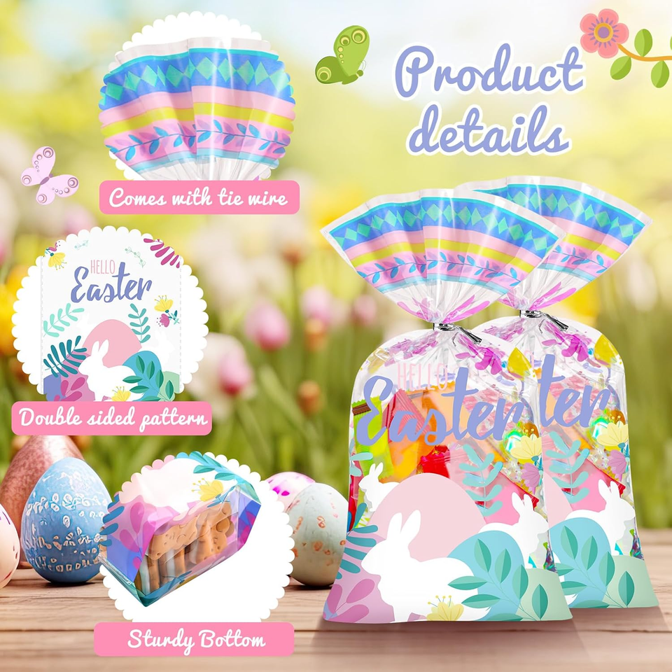 120 Pcs Easter Treat Bags Flat Clear Cellophane Bags with 120 Pcs Twist