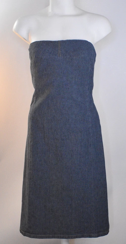 Vintage Ralph Lauren Denim Dress Stretch Midi Straight Strapless Zip 90s Women 4 - Image 3 of 4
