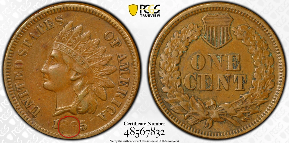 1865 P Fancy 5 Struck Through Indian Head Cent PCGS XF 45 (Observe Die Clash?) - Image 2 of 4