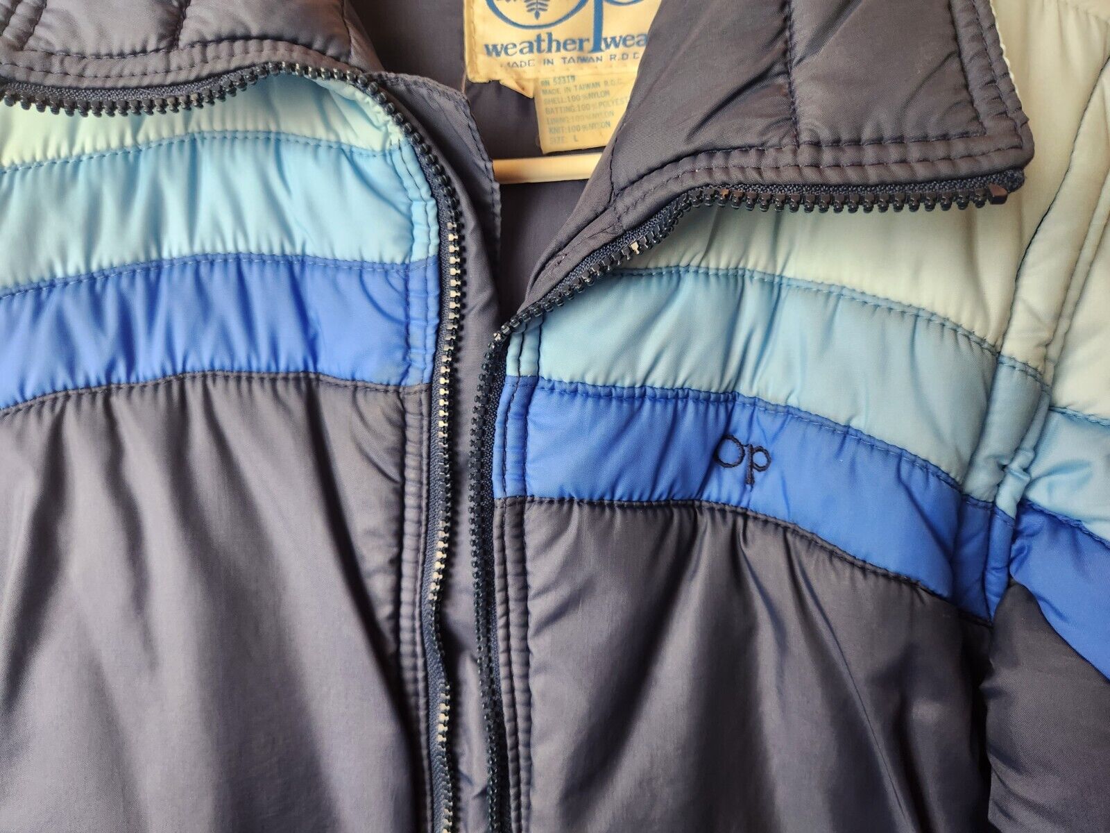 🔥🚨Vintage 80s 90s Retro Ocean Pacific Puffer Jacket Blue Stripped Large  EUC