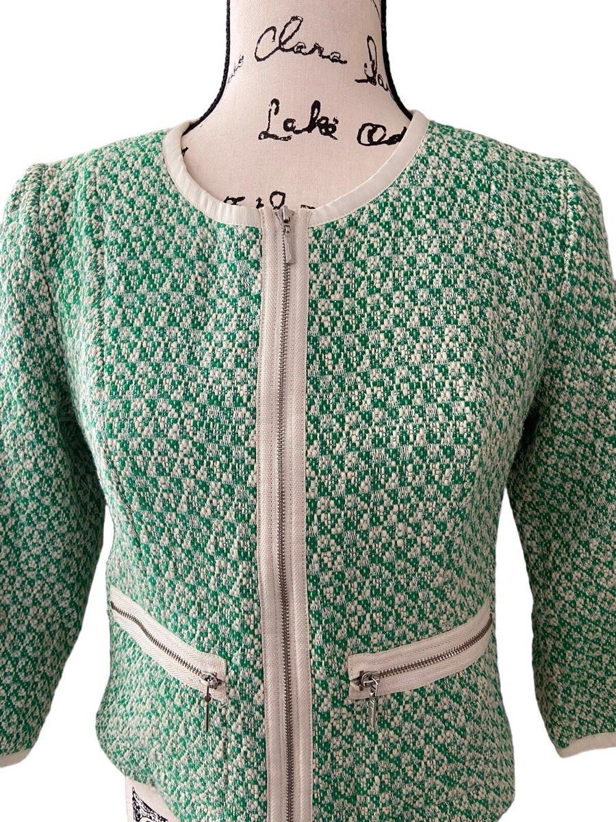 Cabi Women's Size 2 Clover Tweed 3/4 Sleeve Zip Front Green Jacket