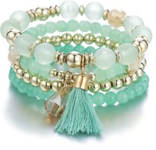 4 PC Handmade Boho Beaded Stackable 6.5  Plus Stretch Bracelet Set New A3868