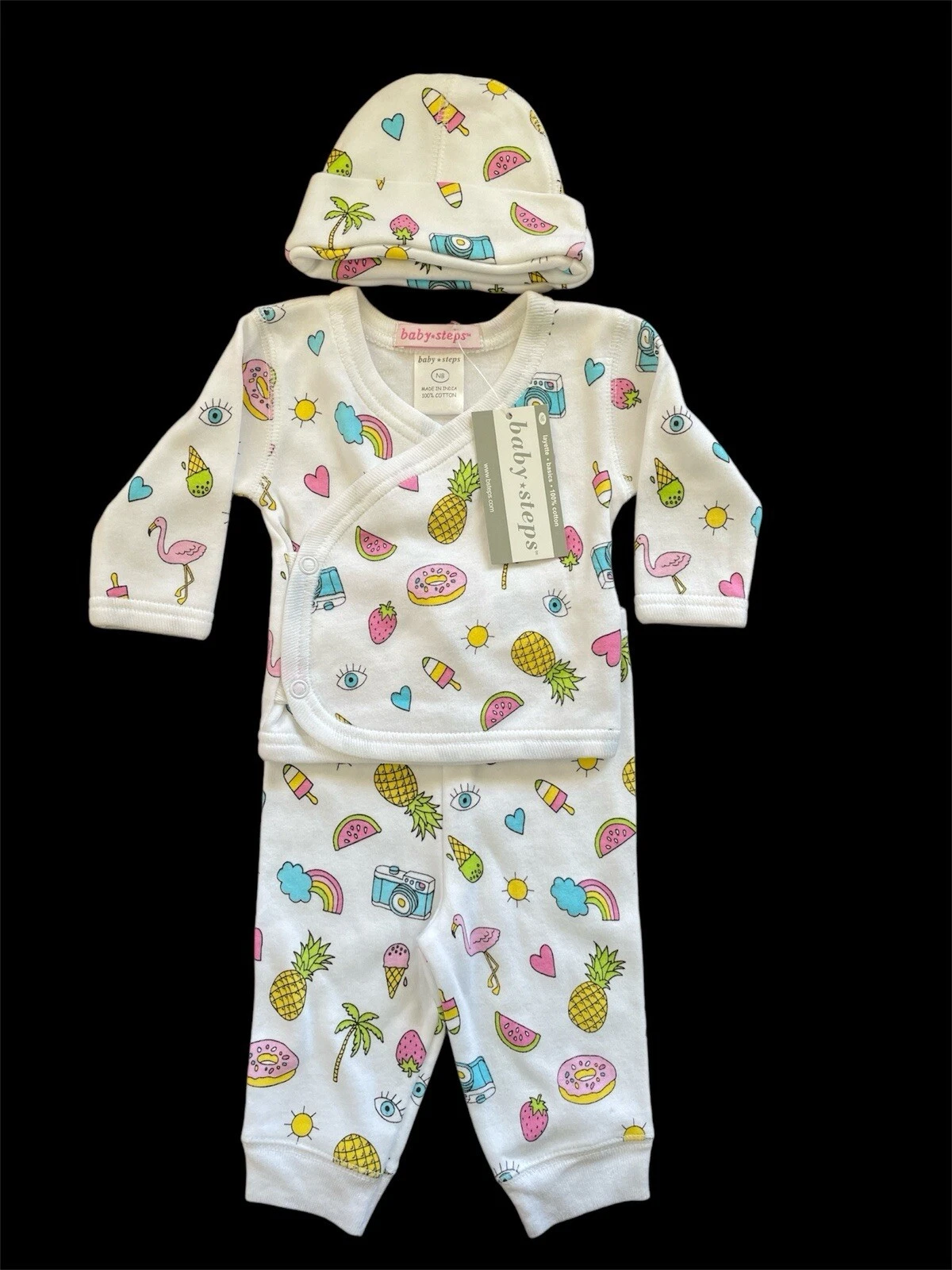 Baby Steps NWT Wht/Multi Summer Theme Cotton Kimono Top, Pant & Hat-Newborn
