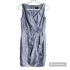 ADRIANNA PAPELL DRESS SIZE 6 WOMENS GREY SATIN ROSE DRAPE SLEEVELESS SHEATH 