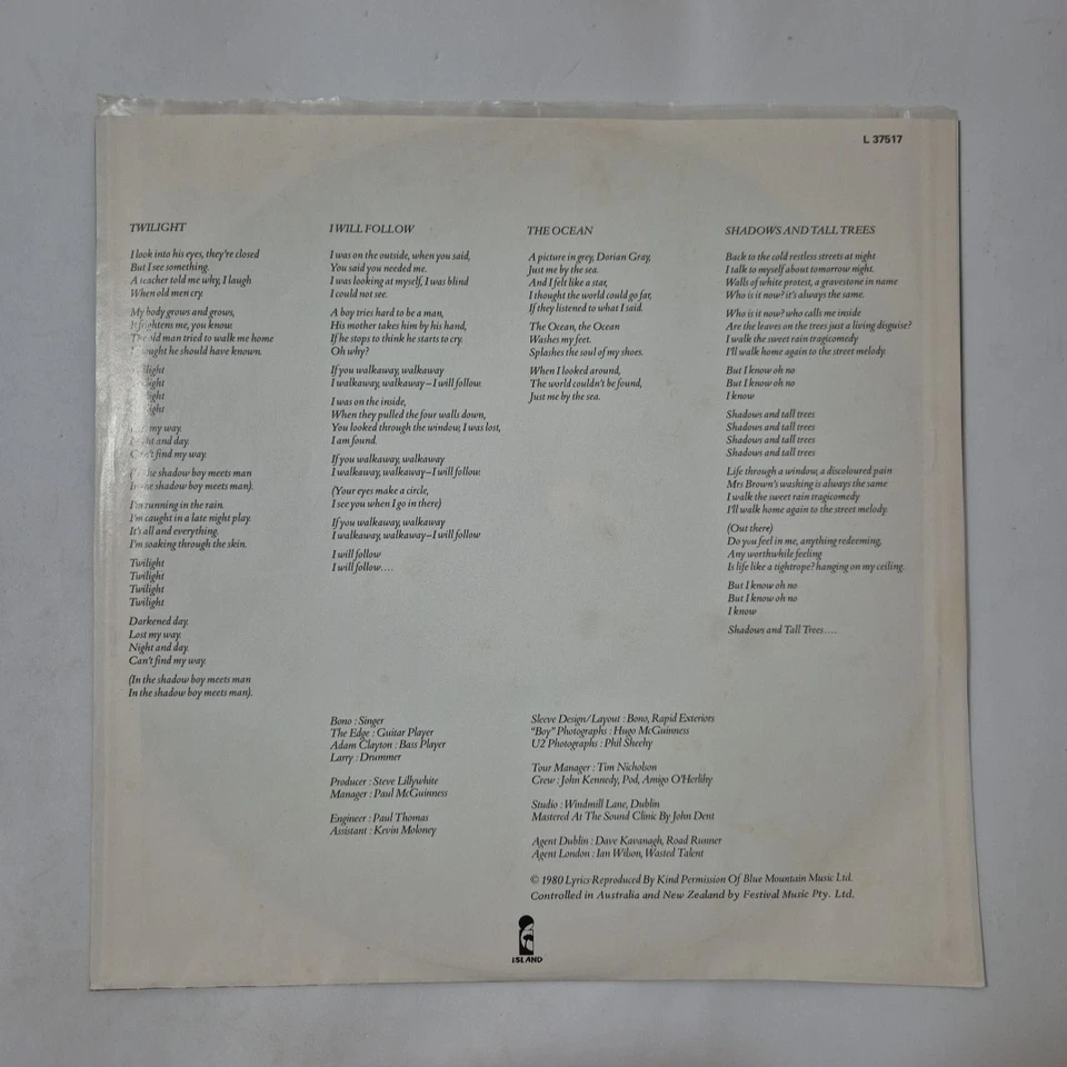 U2 'Boy' 12" Vinyl LP Record 1980 Island Records Aust. Pressing - Image 4 of 4