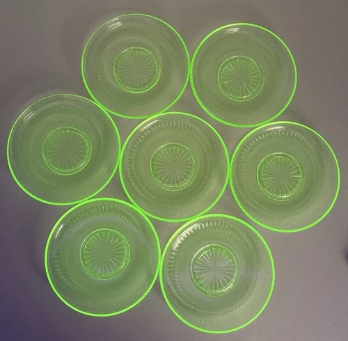 Lot Of 7 Green Uranium Vaseline Roulette Many Windows 5 1/2" Saucer