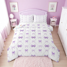 Cute Purple Bow King Comforter Set for Girls Purple Ribbon Bow Tie Bedding Set