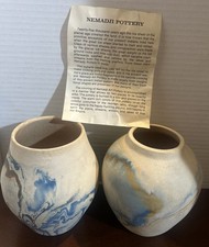 Handsome Vintage 2 Blue and Tan Nemadje Pottery Vases.    “J1”