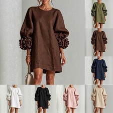 O Neck Puff Sleeve A-Line Dress for Women 3D Floral Cuff Decor Short Skirt