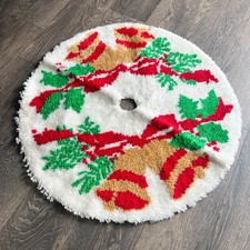 Vintage 70s Latch Hook Christmas Tree Skirt Bells Holly 36" Round Handmade Retro