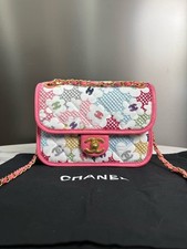 Auth Chanel Classic Flap Multicolor Floral Embroidery Canvas Pink Gold Crossbody