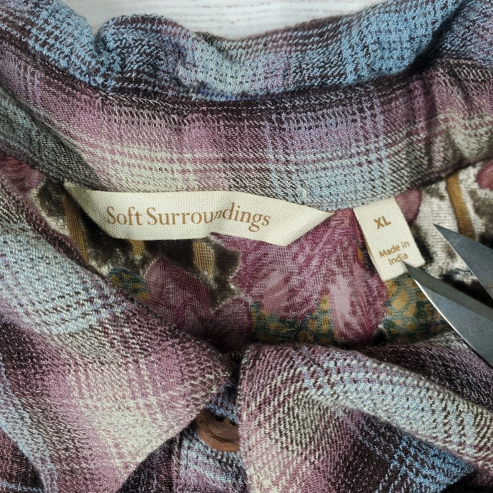 Túnica feminina Soft Surroundings tamanho XL xadrez bordada floral botão boho - Imagem 4 de 4