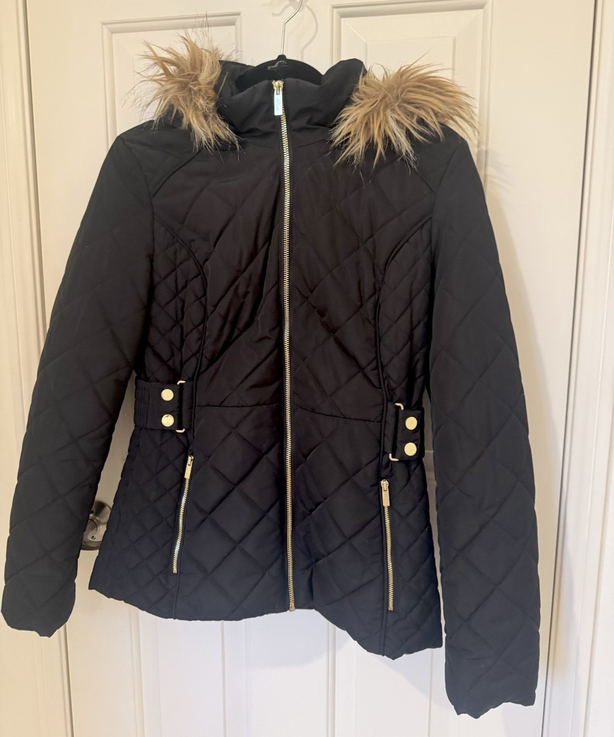 GUESS Black Quilted Hooded Jacket Faux Fur Trim Full Zip Womens Size Small