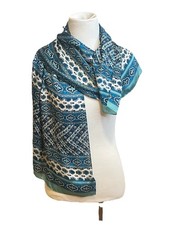 Vince Camuto 100 Silk Oblong Scarf Blue Teal Geometric Floral Print 17 x 72