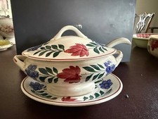 Staffordshire Stick Spatterware Small lidded Tureen  with saucer, ladle c. 1900