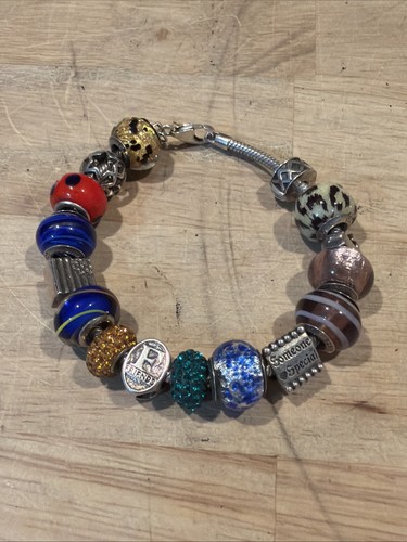 QG Sterling Silver & Rhinestone Bead Slide Charm Bracelet