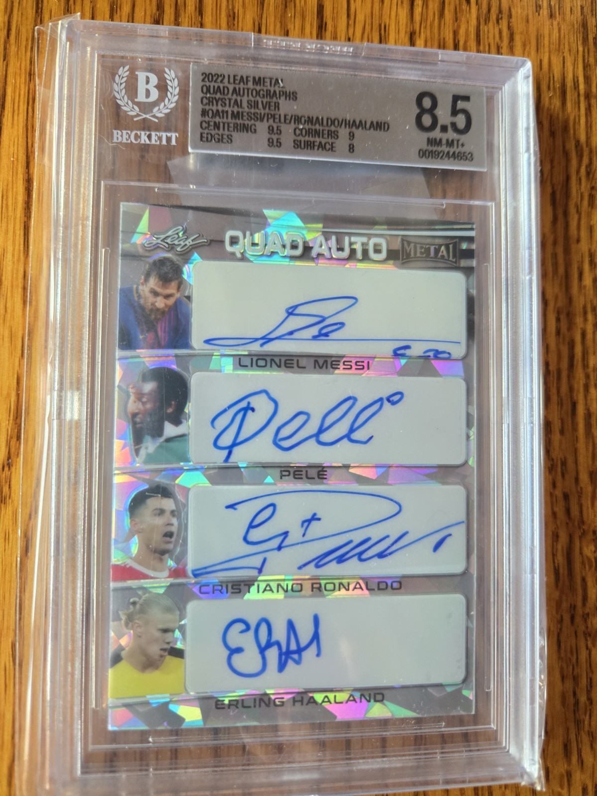 2022 Leaf Metal Quad Auto - Messi / Pele / Ronaldo / Haaland - Beckett 5/6 view 2