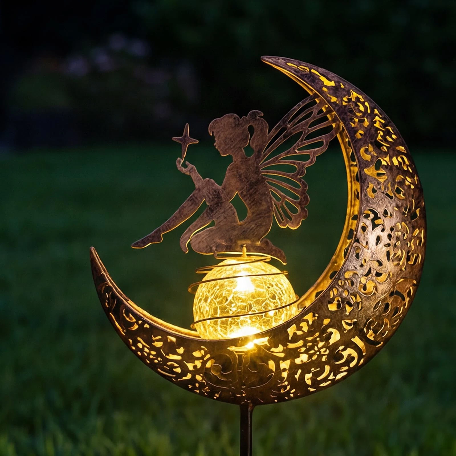 Fairy Solar Garden Outdoor Decor, Moon Figurine Light Stake Housewarming Orna...