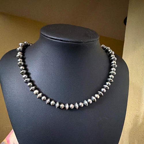 Solid 925 Navajo silver choker with 8mm saucer beads and 6mm. 15-18 inches - product listing photo