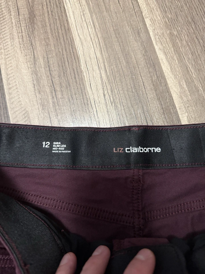 女式 Liz Claiborne 紫色 Sara 修身腿中腰弹力丝绒裤 12 码 — 第 3/4 张图片